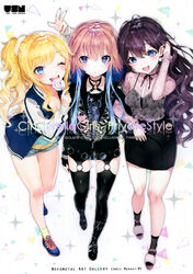  3girls :3 :d :o absurdres adidas ahoge animal_print ankle_socks arm_above_head arm_up artist_name ass_visible_through_thighs bare_legs belt belt_boots black_choker black_footwear black_jacket black_ribbon black_skirt black_socks black_thighhighs blonde_hair blouse blue_eyes blue_hair blue_jacket blush boots brand_name_imitation breasts brown_hair buckle butterfly_print buttons camisole candy choker cleavage collarbone comiket comiket_91 commentary_request copyright_name cover cover_page criss-cross_halter cross cross_print curly_hair cutoffs denim denim_shorts doujin_cover earrings eating english_text eyelashes eyes_visible_through_hair fingernails fishnets food frilled_shirt frilled_sleeves frills from_above full_body fur-trimmed_jacket fur_trim garter_belt girl_sandwich glint hair_between_eyes hair_intakes hair_ornament hair_scrunchie halterneck hand_in_pocket harness high-waist_skirt high_ponytail highres holding holding_food hood hooded_jacket ichinose_shiki idolmaster idolmaster_cinderella_girls jacket jewelry knee_boots lace lace-trimmed_garter_belt lace_trim leaning_forward leather leather_boots legs letterman_jacket licking light_brown_hair locked_arms lollipop long_fingernails long_hair long_sleeves looking_at_viewer looking_up medium_breasts multicolored_footwear multicolored_hair multicolored_nails multiple_girls nail_polish nekometaru ninomiya_asuka no_pants o-ring o-ring_belt o-ring_legwear ohtsuki_yui one_eye_closed open_clothes open_jacket open_mouth open_shirt patterned_background pencil_skirt photoshop_(medium) pink_shirt platform_footwear platform_heels pocket pom_pom_(clothes) pom_pom_earrings ponytail purple_eyes rainbow_text raised_eyebrows ribbon ribbon_choker sandwiched scan scrunchie see-through sharp_fingernails shiny_clothes shiny_skin shirt shoes short_hair_with_long_locks short_shorts shorts sidelocks simple_background skeleton_print skindentation skirt sleeveless small_breasts smile sneakers socks spaghetti_strap sparkle standing star_(symbol) star_print streaked_hair striped_clothes striped_jacket studded_bracelet swept_bangs swirl_lollipop taut_clothes taut_shorts taut_skirt teeth thighhighs thighs toeless_footwear tongue tongue_out triangle tucking_hair two-tone_hair unbuttoned unzipped very_long_hair w walking watch wristwatch yellow_legwear zipper 