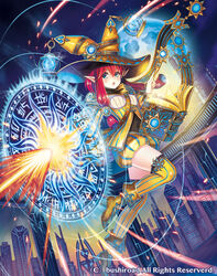  book boots cardfight!!_vanguard commentary_request company_name female hat holy_mage_lavinia lamp long_hair low_twintails madopen magic_circle moon night night_sky official_art open_mouth photoshop_(medium) pointy_ears red_hair sky solo sparkle thighhighs twintails 