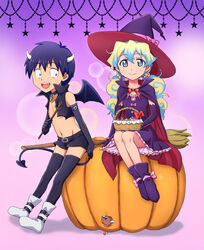  1boy bad_id bad_pixiv_id black_legwear blue_hair blush boota_(ttgl) cape cross-shaped_pupils demon_boy demon_horns demon_tail demon_wings dress elbow_gloves fangs female full_body gloves halloween hat horns long_hair multicolored_hair navel nia_teppelin open_mouth pumpkin simon_(ttgl) smile supinosu symbol-shaped_pupils tail tengen_toppa_gurren_lagann thighhighs two-tone_hair wings witch_hat 