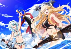  2girls anne_bonny_(fate) anne_bonny_(swimsuit_archer)_(fate) anne_bonny_(swimsuit_archer)_(first_ascension)_(fate) bikini blonde_hair blue_eyes blue_sky collar commentary_request cutlass day fate/grand_order fate_(series) gun lens_flare mary_read_(fate) mary_read_(swimsuit_archer)_(fate) mary_read_(swimsuit_archer)_(first_ascension)_(fate) metal_collar multiple_girls ocean one_eye_closed outdoors red_eyes rifle scar scar_on_cheek scar_on_face sky swimsuit tukno weapon white_hair 