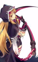  black_cape black_capelet black_gloves blonde_hair bow cape capelet commentary_request cosplay echo_(circa) ereshkigal_(fate) fate/grand_order fate_(series) female from_above gloves grin hairbow harpe holding holding_scythe hood hood_up long_hair looking_at_viewer medusa_(fate) medusa_(lancer)_(fate) medusa_(lancer)_(fate)_(cosplay) red_bow red_eyes scythe simple_background smile solo standing thigh_strap very_long_hair white_background 