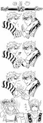  2boys caesar_anthonio_zeppeli chinese_commentary commentary_request dkaki facial_mark greyscale headband highres jojo_no_kimyou_na_bouken joseph_joestar joseph_joestar_(young) male_focus monochrome multiple_boys rock_paper_scissors scarf striped_clothes striped_scarf 