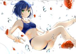  absurdres bare_arms bare_legs bikini blue_bikini blue_hair blurry blush breasts collarbone commentary_request darling_in_the_franxx depth_of_field feet_out_of_frame female food fruit green_eyes highres ichigo_(darling_in_the_franxx) looking_at_viewer name_connection navel object_namesake short_hair small_breasts smile solo strawberry swimsuit takenoko_27074918 underwater water 