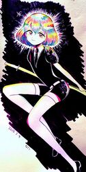  1other androgynous commentary_request diamond_(houseki_no_kuni) gem_uniform_(houseki_no_kuni) glowing glowing_hair highres houseki_no_kuni lonom looking_at_viewer multicolored_eyes multicolored_hair necktie other_focus rainbow_eyes rainbow_hair short_hair smile solo sword thighhighs traditional_media weapon 