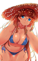  bikini blue_bikini blue_eyes breasts chiha_(abo_ecm_mk25) cleavage collarbone commentary_request covered_nipples female hair_between_eyes hat highres large_breasts lips long_hair navel original reaching reaching_towards_viewer red_hair simple_background solo stomach straw_hat swimsuit thigh_gap thighs very_long_hair white_background 