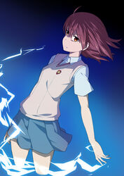  brown_eyes brown_hair commentary_request electricity electrokinesis female glowing highres jack-barro misaka_mikoto psychic school_uniform science_fiction short_hair solo summer_uniform sweater_vest toaru_kagaku_no_railgun toaru_majutsu_no_index tokiwadai_school_uniform v-neck 