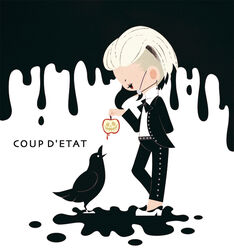  1boy apple bigbang bird blonde_hair chibi crow earring food fruit g-dragon k-pop male male_focus mask solo splatter standing suit two-tone_hair 