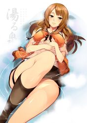  bad_id bad_pixiv_id bare_shoulders black_socks brown_eyes brown_hair commentary_request fatal_frame fatal_frame_5 female highres kneehighs kozukata_yuuri long_hair looking_at_viewer lying on_back partially_submerged short_shorts shorts socks solo thigh_strap watanuki_ron water wet wet_clothes 