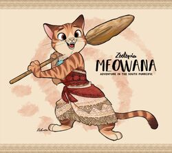  2017 alternate_species anthro anthrofied barefoot biped clothed clothing crossover disney domestic_cat english_text feet felid feline felis female furrification holding_object humor mammal meowana moana moana_waialiki oar open_mouth open_smile pun rikuta_tp signature smile solo standing text zootopia 