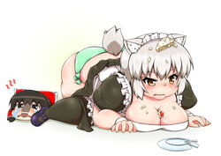  all_fours alternate_costume animal_ears black_thighhighs blush bow breasts broken_plate cake cleavage commentary crying crying_with_eyes_open d: dress enmaided fat female food food_on_face food_on_head fruit green_panties grey_hair hairbow hakurei_reimu hitotsubashi_inari icing inubashiri_momiji large_breasts maid mary_janes object_on_head oerba_yun_fang open_mouth orange_eyes panties plate red_bow shoe_print shoes side-tie_panties solo stepped_on strawberry streaming_tears tail tears thighhighs top-down_bottom-up touhou underwear uneven_eyes wolf_ears wolf_tail wrist_cuffs yukkuri_shiteitte_ne 