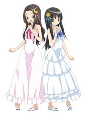  2girls alice_(claris) alternate_costume bare_shoulders black_hair blue_dress bow bowtie brown_eyes brown_hair choker clara_(claris) claris_(group) collarbone dress frilled_dress frills hair_ornament hair_ribbon long_hair morioka_hideyuki multiple_girls no_socks official_art open_mouth photoshop_(medium) pink_dress ribbon simple_background straight_hair sun_symbol wavy_hair white_background 