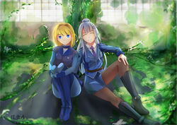  2girls absurdres belt blonde_hair blue_eyes blue_shirt blue_skirt blunt_bangs bodysuit boots chopsticks closed_eyes collared_shirt commentary_request frolaytia_capistrano funnyufo garden grass grey_hair hair_bun hair_ornament heavy_object highres long_hair looking_at_viewer milinda_brantini multiple_girls pantyhose sailor_collar shirt short_hair single_hair_bun sitting skirt skirt_set smile uniform white_shirt 