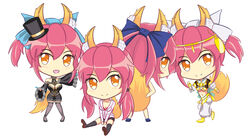  4girls alternate_costume amaterasu_(fate) animal_ears black_thighhighs bow breasts casual chibi cleavage collarbone commentary detached_sleeves fate/extra fate/extra_ccc fate_(series) fox_ears fox_tail hair_ribbon hairbow hat highres looking_at_viewer medium_breasts mini_hat mini_top_hat multiple_girls navel nekonase official_alternate_costume open_clothes open_mouth open_shirt pink_hair ribbon shirt simple_background sitting tail tamamo_(fate) tamamo_no_mae_(fate/extra) tamamo_no_mae_(sable_mage)_(fate) thighhighs top_hat underboob white_background yellow_eyes 