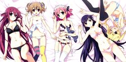  5girls :d ;d absurdres asymmetrical_legwear black_bra black_panties black_thighhighs blonde_hair blue_eyes bow bow_bra bow_panties bra breasts brown_hair camisole choker cleavage fumio_(ura_fmo) garter_belt grisaia_(series) grisaia_no_kajitsu hair_ribbon head_tilt highres hugging_object irisu_makina komine_sachi long_hair long_legs looking_at_viewer lying maid_headdress matsushima_michiru mismatched_legwear multiple_girls navel oerba_yun_fang on_back one_eye_closed open_mouth panties parted_lips pink_bra pink_hair pink_panties purple_hair red_hair ribbon sakaki_yumiko scan scrunchie short_twintails small_breasts smile strap_slip striped_bra striped_clothes striped_panties striped_thighhighs stuffed_animal stuffed_shark stuffed_toy suou_amane thighhighs twintails underwear underwear_only v very_long_hair watanabe_akio white_panties white_thighhighs wrist_scrunchie yellow_legwear 