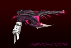  aestaroth bandage c96 dreamsinscareden glowing gun handgun knife mauser not_furry pink_glow pistol ranged_weapon spikes weapon 