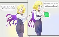  baker_at_bat blonde_hair blouse breasts cape cleavage ellen_baker english_text female glasses glynda_goodwitch green_eyes iesupa new_horizon pantyhose parody riding_crop rwby shirt solo tablet_pc white_shirt 