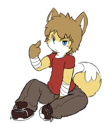  2017 adolescent annoyed anthro bandage biceps big_head biped blue_eyes bottomwear brown_hair canid canine claws clothed clothing digital_media_(artwork) footwear fox fully_clothed fur gesture hair hand_gesture kemono looking_at_viewer male mammal middle_finger muscular muscular_young oob pants shirt shoes short_hair simple_background sitting sneakers solo t-shirt topwear white_background yellow_body yellow_fur young young_anthro 