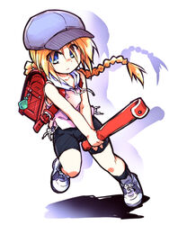  backpack bag bike_shorts black_shorts blonde_hair blue_eyes braid commentary_request contemporary crime_prevention_buzzer female fighting_stance flute girl_with_a_blonde_braid_(tomoshibi_hidekazu) hat hood hood_down hoodie instrument long_hair original randoseru recorder shoes shorts single_braid sleeveless sneakers solo tomoshibi_hidekazu very_long_hair 