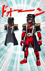  1boy chains commentary_request crossover eyecon hat highres hood hooded_jacket hoodie horns jacket jojo_no_kimyou_na_bouken kamen_rider kamen_rider_ghost kamen_rider_ghost_(series) kujo_jotaro male_focus mask single_horn solo stand_(jojo) star_platinum tatsumi_kei_(t_k) 