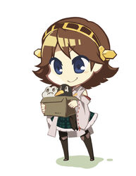  bird blue_eyes box brown_hair cardboard_box commentary_request detached_sleeves female hairband harunagi headgear hiei_(kancolle) kantai_collection looking_down nontraditional_miko pantyhose penguin photoshop_(medium) short_hair skirt smile solo standing thighhighs white_background wide_sleeves 