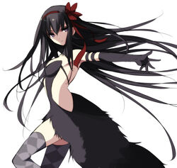  akemi_homura akuma_homura black_dress bows dress female gloves hairbow headband hold_out_hand light_background long_gloves long_hair looking_at_viewer mahou_shoujo_madoka_magica misteor purple_eyes sidelocks simple_background solo thighhighs white_background zettai_ryouiki 