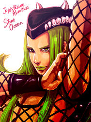  1boy commentary_request fishnet_top fishnets green_eyes green_hair green_lips hat highres jojo_no_kimyou_na_bouken lipstick long_hair makeup miso-234 multicolored_hair narciso_anasui photoshop_(medium) revealing_clothes two-tone_hair 