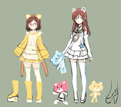  2girls animal_ears bear bear_ears beargguy_f beargguy_iii brown_eyes brown_hair chinagguy fake_animal_ears glasses green_eyes gundam gundam_build_fighters gundam_build_fighters_try hoshino_fumina kamiki_mirai kamiki_sekai kousaka_china kousaka_yuuma multiple_girls red-framed_eyewear shimada_fumikane standing thighhighs zettai_ryouiki 