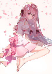  absurdres bare_shoulders barefoot blush bow closed_mouth commentary_request dress female hair_between_eyes hair_ribbon highres long_hair makiaato original pink_bow pink_hair red_eyes red_ribbon ribbon sitting sleeveless sleeveless_dress smile solo very_long_hair wariza white_background white_dress 