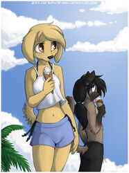  2013 accessory anthro aron_(jay_naylor) audrey_(jay_naylor) bikini black_hair blue_eyes blush bottomwear breasts brown_eyes canid canine canis clothed clothing cloud conditional_dnp dessert digital_media_(artwork) domestic_cat domestic_dog duo felid feline felis female food fur hair hair_accessory hairband ice_cream jay_naylor long_hair looking_back male mammal midriff navel open_mouth outside shorts sky small_breasts smile swimwear tongue tongue_out topless trans_(lore) trans_woman_(lore) 