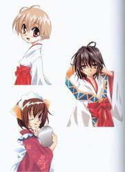  2boys :d animal_ears apron artbook black_hair brown_eyes brown_hair chibi choker female finger_to_cheek fox_ears fox_girl hakama hakama_skirt haruka_(tactics) highres holding holding_tray ichinomiya_kantarou japanese_clothes kimono kinoshita_sakura looking_at_viewer maid_headdress multiple_boys official_art one_eye_closed open_mouth purple_eyes red_eyes red_hakama red_kimono scan short_hair skirt smile tactics traditional_media tray waitress youko_(tactics) 