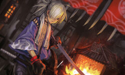  choker fire gray_hair pixiv_fantasia ponytail sword weapon zhouran 