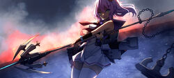  :d absurdres anchor ashisi azur_lane backlighting bad_id bad_pixiv_id bare_shoulders blue_sailor_collar chains cloud cloudy_sky dress dutch_angle female fire green_eyes hair_between_eyes hair_ornament hairclip highres holding holding_javelin holding_polearm holding_weapon horizon javelin_(azur_lane) javelin_(spear) long_hair looking_at_viewer neckerchief night ocean open_mouth outdoors pink_hair pleated_dress polearm ponytail purple_hair red_neckerchief sailor_collar sailor_dress sky sleeveless smile solo spear thighhighs v-shaped_eyebrows water weapon white_dress white_thighhighs zettai_ryouiki 