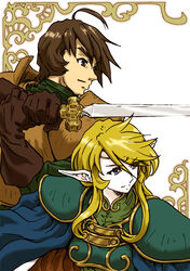  1boy ahoge armor bad_id bad_pixiv_id blonde_hair blue_eyes brown_eyes brown_hair circlet cosplay deedlit deedlit_(cosplay) elf female kodai_susumu mori_yuki parn_(lodoss) parn_(lodoss)_(cosplay) pauldrons photoshop_(medium) pointy_ears record_of_lodoss_war short_hair shoulder_armor supe_(yuusyasupepen) uchuu_senkan_yamato uchuu_senkan_yamato_2199 