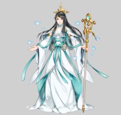  black_hair commentary_request dress female fire_emblem fire_emblem_fates fire_emblem_heroes full_body hairband itou_misei long_hair looking_at_viewer mikoto_(adrift)_(fire_emblem) mikoto_(fire_emblem) mole official_art ponytail simple_background smile solo 