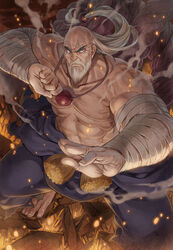  &gt;:( 1boy abs bald bandages barefoot beard closed_mouth collarbone commentary_request dougi eyebrows facial_hair fighting_stance frown full_body gouken grey_hair hagure_keg hands_up long_hair looking_at_viewer male_focus muscular muscular_male old old_man pectorals photoshop_(medium) red_eyes rope rubble scar serious shimenawa smoke solo sparks standing stomach street_fighter street_fighter_iv_(series) toes topless_male v-shaped_eyebrows 