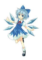  :d blue_bow blue_eyes blue_hair bow cirno female hairbow highres ice ice_wings mary_janes oerba_yun_fang open_mouth outstretched_arms shoes smile solo tm-pika touhou wings 