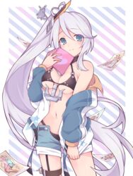  :3 ahoge azur_lane bare_shoulders belt bikini bikini_top_only blue_eyes blush book breasts cleavage commentary_request female heart heart-shaped_pupils highres indianapolis_(azur_lane) jacket long_hair looking_at_viewer medium_breasts off_shoulder panties photo_(object) portland_(azur_lane) portland_(retrofit)_(azur_lane) sawara_(starligtvision) shorts side_ponytail smile solo striped striped_background swept_bangs swimsuit symbol-shaped_pupils underwear very_long_hair 