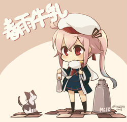  ahoge animal black_socks blue_hair blush commentary_request container feline female gradient_hair harunagi harusame_(kancolle) hat kantai_collection kneehighs long_hair long_sleeves milk multicolored_hair neckerchief photoshop_(medium) pink_hair red_eyes scarf school_uniform serafuku side_ponytail skirt socks solo translated 