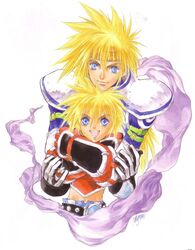  2boys :d armor blonde_hair blue_eyes father_and_son fatherly gloves headband hug hug_from_behind inomata_mutsumi kyle_dunamis long_hair male_focus multiple_boys official_art open_mouth signature smile stahn_aileron tales_of_(series) tales_of_destiny tales_of_destiny_2 white_background 