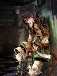  amagaeru_(hylathewet) amputee android animal_ears belt biting black_hair broken cat_ears cat_tail damaged female fingerless_gloves gloves gun injury looking_at_viewer mechabare missing_fingers mouth_hold object_in_mouth oerba_yun_fang original parts_exposed revolver severed_arm severed_limb shorts slit_pupils tail weapon wire 