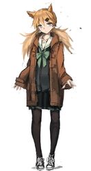  animal_ears blonde_hair commentary_request female full_body girls&#039;_frontline green_eyes hair_ornament hairclip idw_(girls&#039;_frontline) jacket looking_at_viewer oversized_clothes pantyhose school_uniform simple_background skirt solo twintails unitsu white_background 