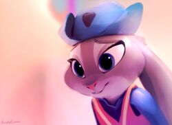  2016 anthro blue_eyes buckteeth clothed clothing disney english_text eyelashes female fur grey_body grey_fur hat headgear headwear judy_hopps lagomorph leporid long_ears mammal musikalgenius pink_nose police police_uniform purple_eyes rabbit shirt signature simple_background smile solo teeth text topwear uniform white_body white_fur zootopia 