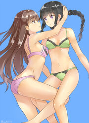  2girls arched_back ass black_hair blue_background bra braid breasts brown_eyes brown_hair commentary_request eye_contact green_bra green_panties head_hold isshiki_(ffmania7) jpeg_artifacts kantai_collection kitakami_(kancolle) leg_between_thighs leg_up long_hair looking_at_another medium_breasts multiple_girls navel ooi_(kancolle) panties pink_bra pink_panties purple_eyes sideboob simple_background single_braid small_breasts smile twitter_username underwear underwear_only yuri 