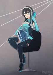  aqua_eyes artist_name black_hair black_thighhighs chair commentary_request cosplay elbow_gloves female full_body glasses gloves hairband harunagi kamen_rider kamen_rider_555 kantai_collection long_hair looking_at_viewer ooyodo_(kancolle) severed_head sitting smart_lady smart_lady_(cosplay) smile solo thighhighs 