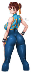  alternate_costume ass bare_shoulders bodysuit bracelet breasts brown_eyes brown_hair chun-li commentary_request curvy double_bun female from_behind hair_bun hair_ribbon highres jewelry legs_apart looking_at_viewer looking_back onomeshin photoshop_(medium) pixiv plump ribbon signature skin_tight sleeveless solo street_fighter street_fighter_zero_(series) studded_bracelet thick_thighs thighs unitard vest white_background 