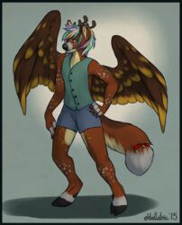  2015 accessory ambiguous_gender anthro antlers aven-fawn bell biped clothed clothing deer digital_media_(artwork) ekbellatrix feathered_wings feathers furgonomics green_eyes hair hi_res hooves horn long_hair mammal multicolored_hair peryton solo spots standing tail tail_accessory tail_bell wings 