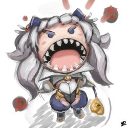  angry blue_eyes blush_stickers chaos_code chibi commentary_request cthylla_(chaos_code) eyebrows female highres long_hair sansenyama sharp_teeth solo teeth twintails wand white_hair 