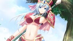  armor bikini_armor blue_eyes blue_hair breasts cleavage day female game_cg hand_on_own_head hat hatozuki_tsumiki ikusa_megami_(series) jewelry large_breasts long_hair looking_at_viewer midriff o-ring o-ring_top outdoors pauldrons roka_luscort shoulder_armor smile tenbin_no_la_dea_~ikusa_megami_memoria~ underboob 