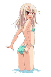  :o adjusting_clothes adjusting_swimsuit aqua_bikini arms_behind_back ass back bikini blush breasts butt_crack commentary_request cool_(am2) cowboy_shot embarrassed fate/kaleid_liner_prisma_illya fate_(series) female from_side grey_hair hair_between_eyes illyasviel_von_einzbern lace lace-trimmed_bikini lace_trim long_hair looking_at_viewer looking_back notice_lines open_mouth parted_bangs red_eyes simple_background small_breasts solo standing surprised sweatdrop swimsuit taut_bikini taut_clothes wading water white_background 