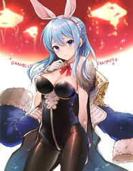  animal_ears bad_id bad_pixiv_id black_pantyhose blue_hair breasts copyright_name fake_animal_ears female gloves granblue_fantasy hayama_eishi jacket jacket_on_shoulders long_hair medium_breasts pantyhose playboy_bunny rabbit_ears smile solo therese_(granblue_fantasy) 